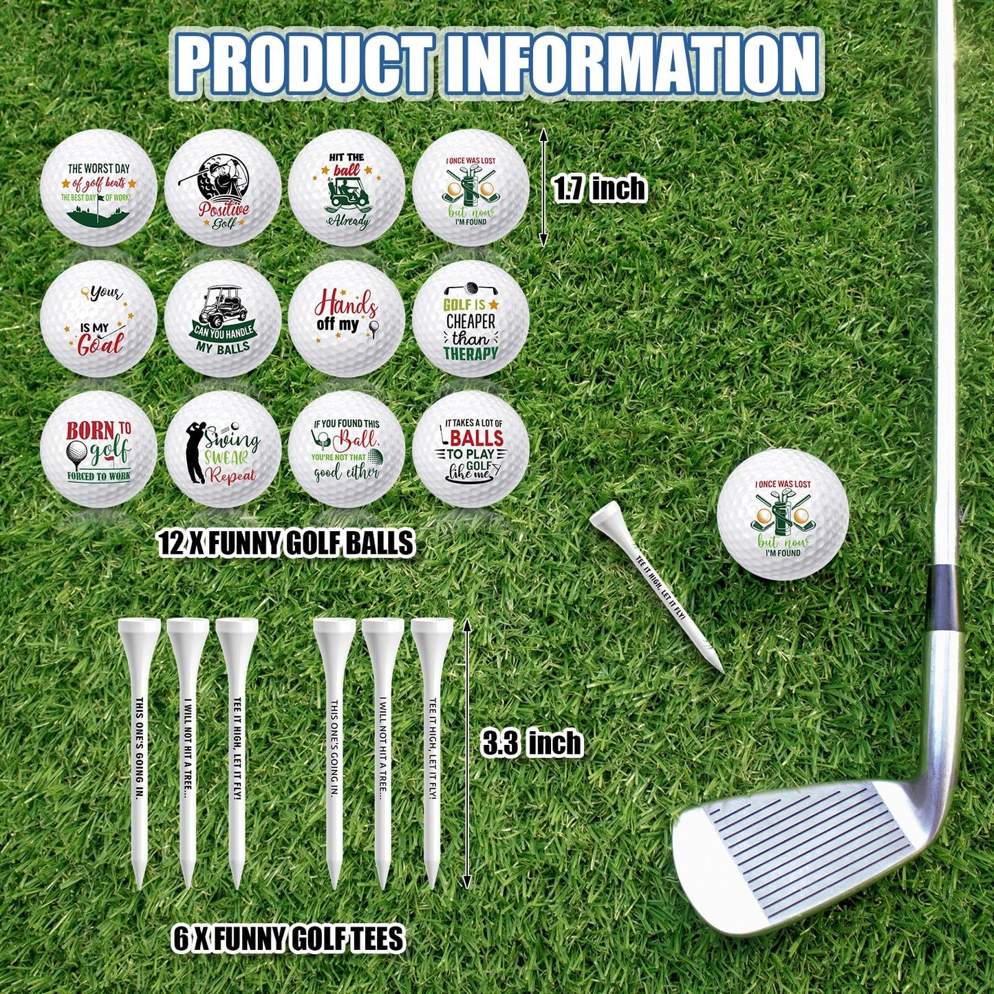 MiniInflat 18 Pcs Funny Golf Balls Gifts Set 12 Humor Golf Balls and 6 Tees for Men Women Coworkers Employees Golfers Birthday Retirement
