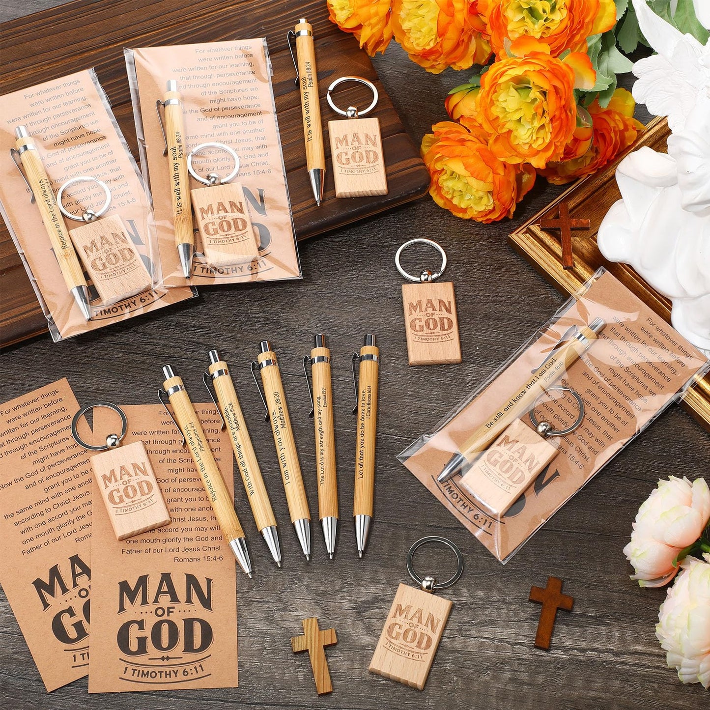 Chiisong Christian Gift Set for Men, Man of God Keychain Bamboo Pen Scripture Card for Father's Day Teacher Religious Church