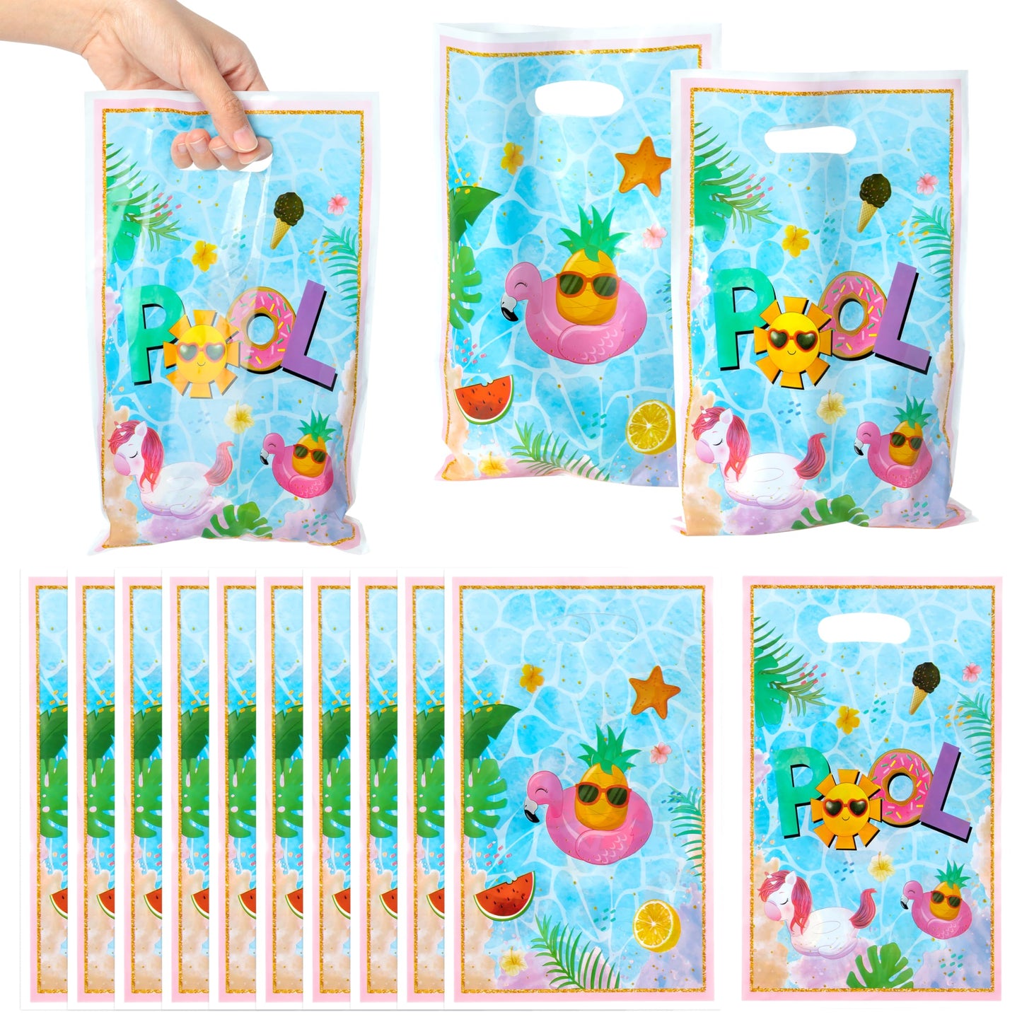 50Pcs Summer Pool Party Favor Bag - Poolside Party Flamingo Plastic Waterproof Goodie Bag Beach Ball Party Rectangular Gift Bags for Kids Birthday Baby Shower Decoration Party Favors Supplies