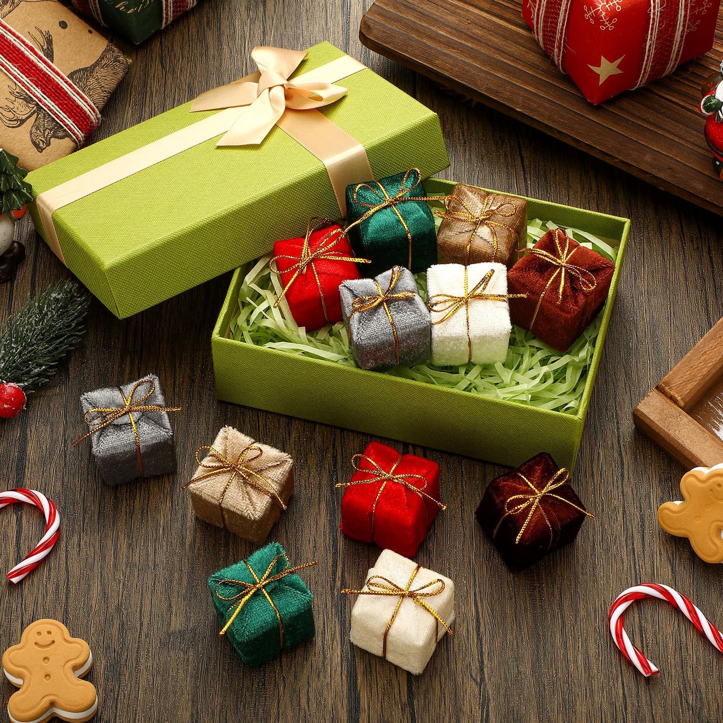 Soulchen 12 Pcs Velvet Christmas Tree Decoration Mini Present for Craft 1.2'' Miniature Gift Boxes Ornaments Classic Hanging Tiny Wrapped Presents for Xmas Party Decor