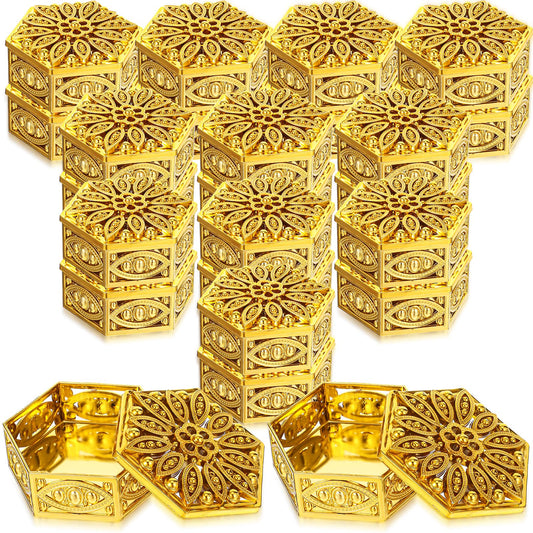 24 Pcs Indian Return Gifts for Pooja Bulk, Gold Hollow Hexagon Candy Container with Lid, Wedding Candy Boxes for Wedding Christmas Birthday Party Decorating