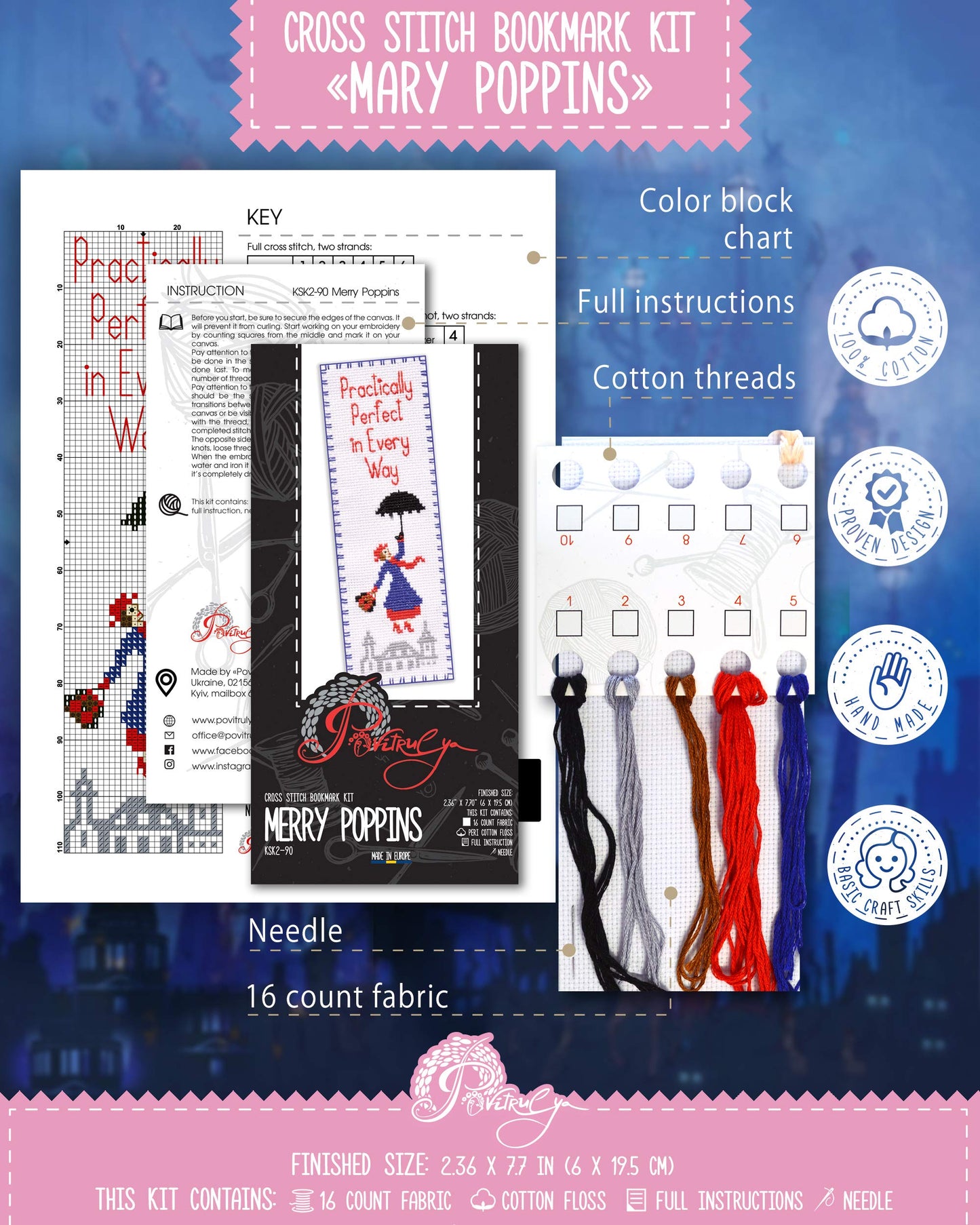 Povitrulya Mary Poppins Cross Stitch Bookmark Kit - DIY Embroidery Gift for Booklovers