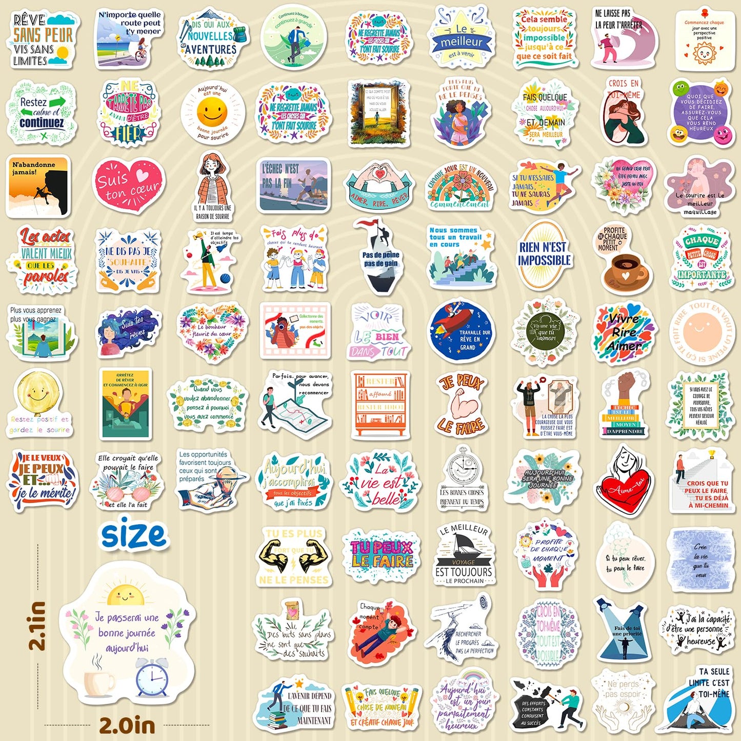 WAKEMOODEI 200 PCS French Inspirational Stickers for Teens Adults Kids, Motivational French Stickers for Students Teachers, Vinyl Positive Gifts Water Bottle Decals