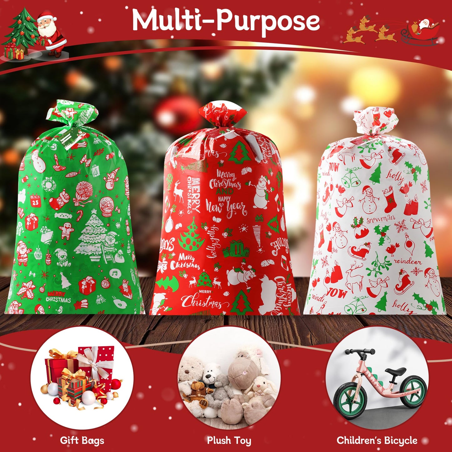 YIGOYIHU 3PCS Extra Large Christmas Gift Bags - 56’’ x 36’’ Jumbo Christmas Gift Bags - Giant Gift Bag for Huge Gifts with Tag & Tie - Heavy Duty Plastic Big Xmas Sack for Holiday Huge Present