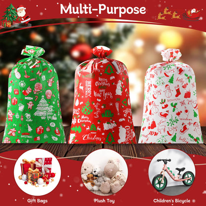 YIGOYIHU 3PCS Extra Large Christmas Gift Bags - 56’’ x 36’’ Jumbo Christmas Gift Bags - Giant Gift Bag for Huge Gifts with Tag & Tie - Heavy Duty Plastic Big Xmas Sack for Holiday Huge Present