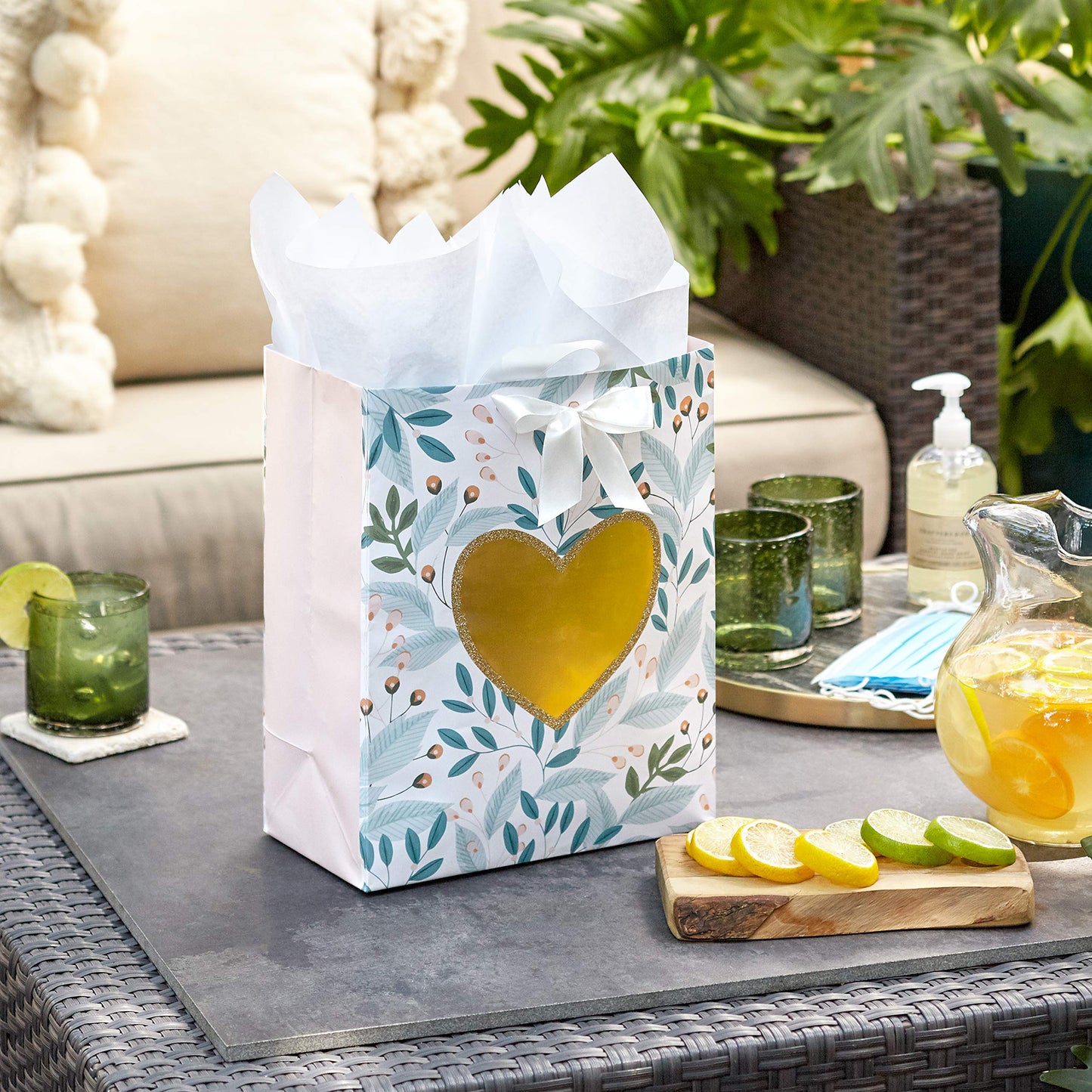 Hallmark 13" Large Gift Bag with Tissue Paper (Green Foliage, Gold Heart) for Weddings, Engagements, Anniversaries, Bridal Showers, and More