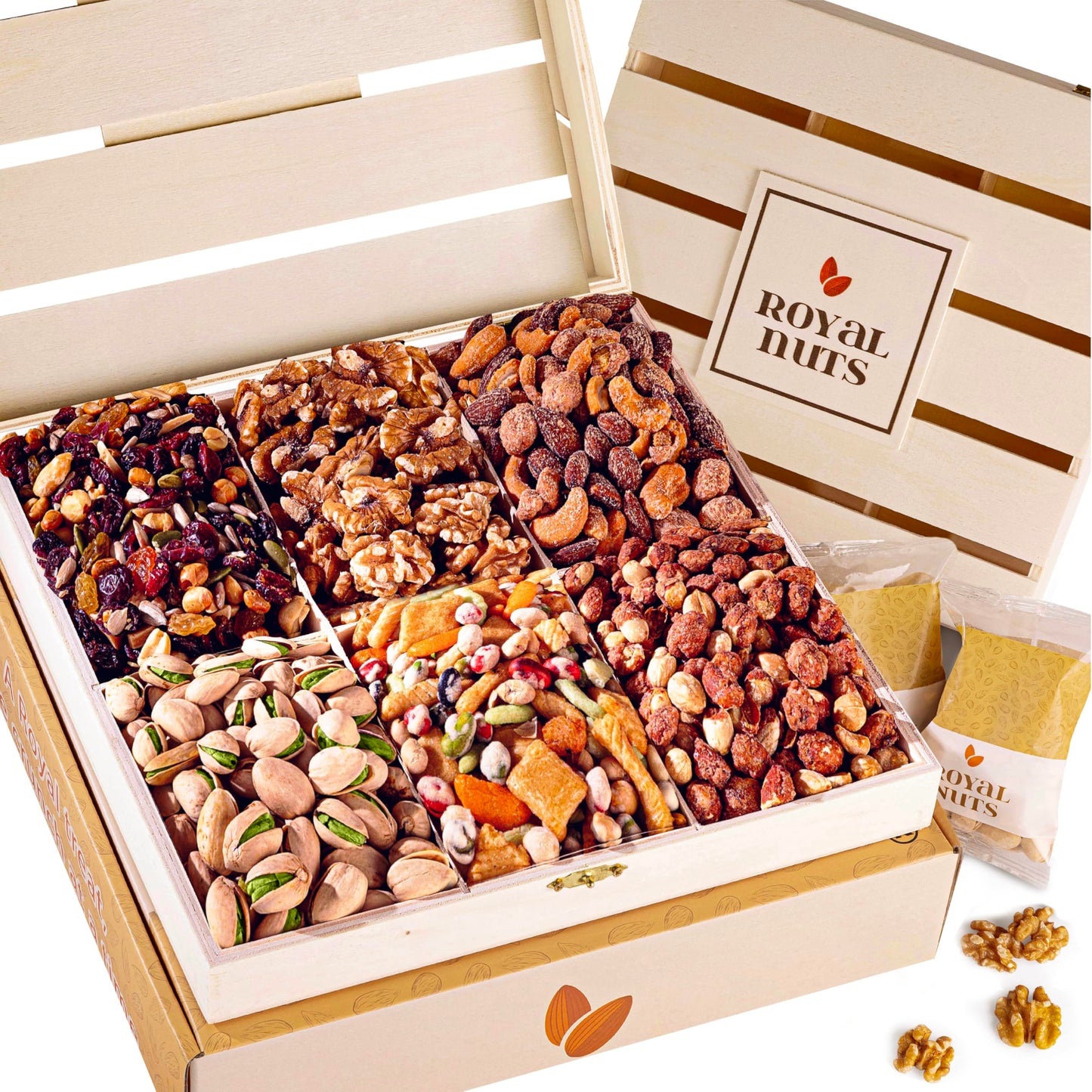 Royal Nuts Gift Basket – Mothers Day Gifts for Mom & Wife, Gourmet Mixed Nuts in Reusable Wooden Crate, Healthy Mothers Day Gift for Grandma & Family