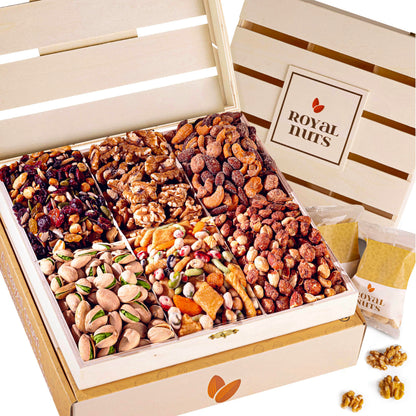 Royal Nuts Gift Basket – Mothers Day Gifts for Mom & Wife, Gourmet Mixed Nuts in Reusable Wooden Crate, Healthy Mothers Day Gift for Grandma & Family