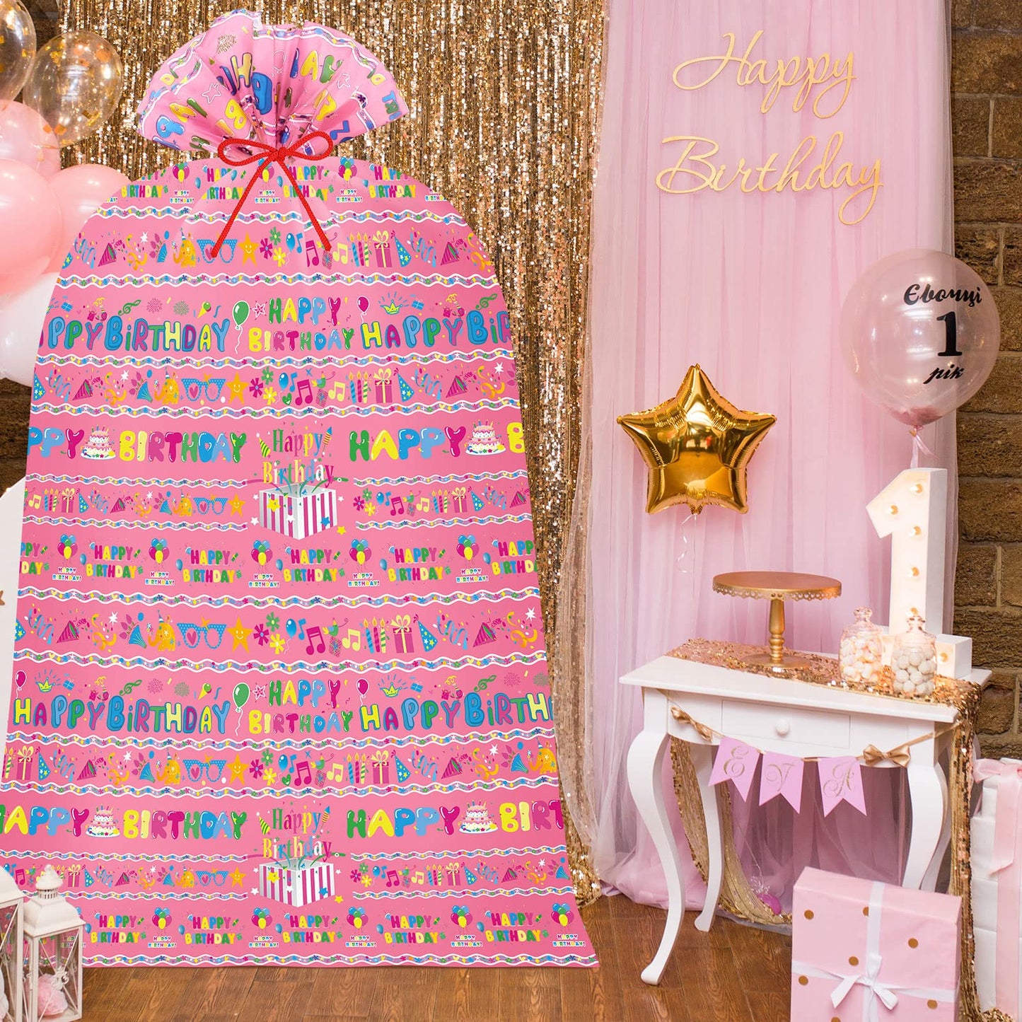 Teling 2 Pcs 80 x 60 in Jumbo Birthdays Gift Bags for Giant Present Extra Large Plastic Oversized Bike Birthdays Wrapping Bag for Baby Shower Party Favors(Pink)
