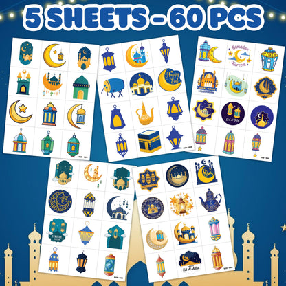 Cute Eid Mubarak Temporary Tattoos for Kids 60PCS 5 Sheets Ramadan Kareem Party Favors Birthday Decorations Classroom Prizes Holiday Gifts