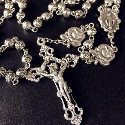 elegantmedical HANDMADE Silver rose beads Catholic 5 DECADE Rosary case Cross Gift Box Italy crucifix cross