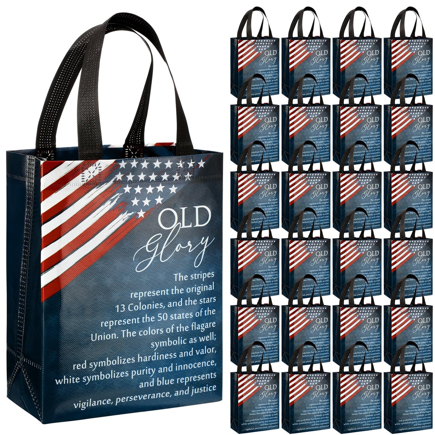 Sweetude 15 250 Anniversary Patriotic Gift Bags Bulk American Flag Theme Bags with Handle Medium Reusable USA Souvenirs Gifts for Church Remembrance Day Party Decorations Favors