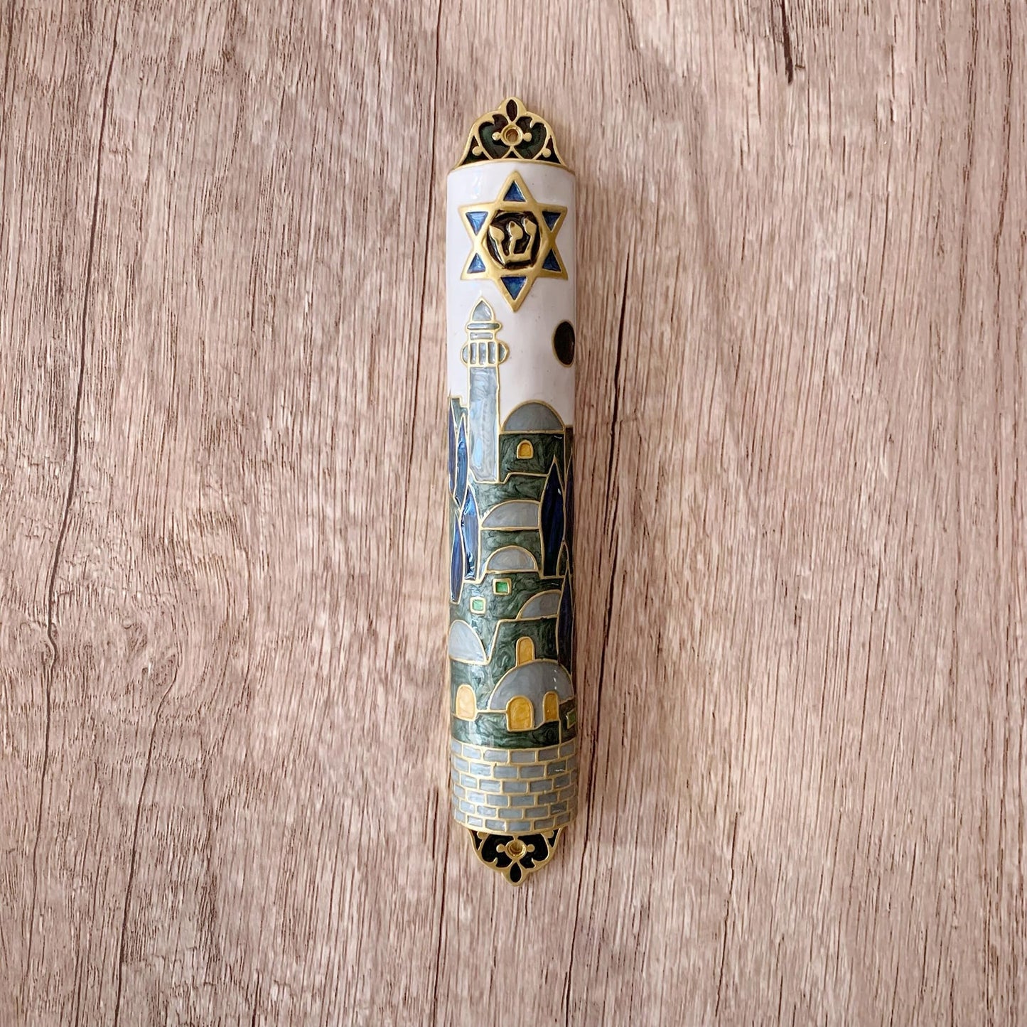 Hand Painted Mezuzah, Exquisite Enamel Mezuzah with Star of David and Jerusalem Motifs