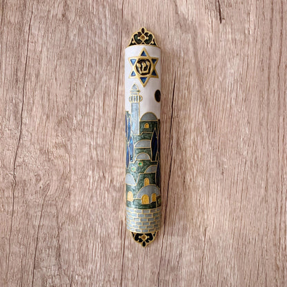 Hand Painted Mezuzah, Exquisite Enamel Mezuzah with Star of David and Jerusalem Motifs