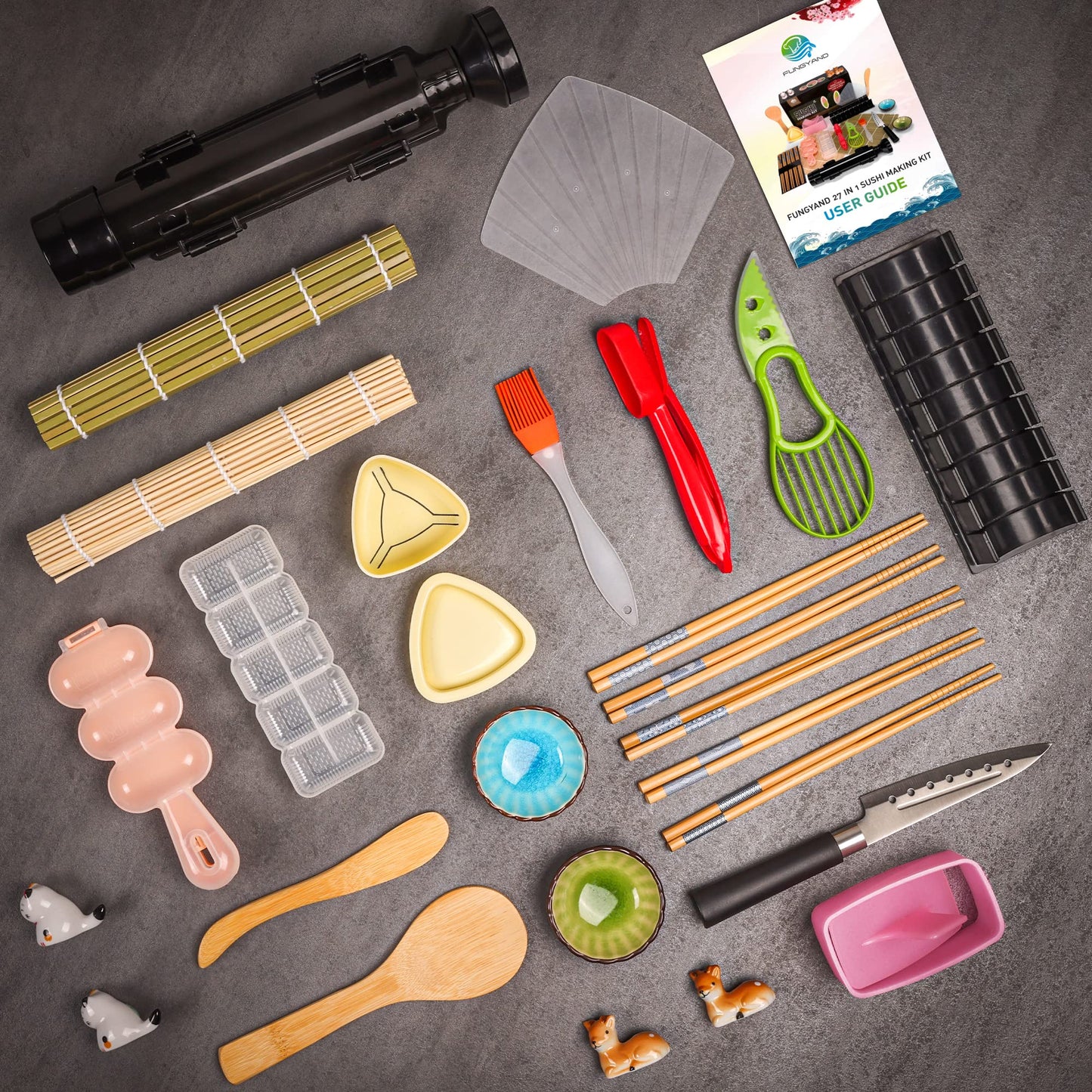 FUNGYAND Sushi Making Kit, 27-in-1 Professional Maker Set with Bazooka Roller, Nigiri & Musubi Presses, Bamboo Mats, Knife, Chopsticks, Ceramic Dishes - Ideal for Beginners