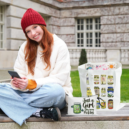 laffact Pickle Jar Tote Bag - Canned Pickles Canvas Handbag Gift Alphabet Merchandise Cotton Shoulder Tote Bag Makeup Bag for Shopping Gym Women Pickled Food Enthusiasts Lover Birthday Christmas