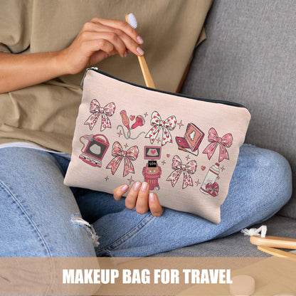 Coquette Pink Bow Sonographer Gifts Makeup Bag, Ultrasound Tech Technologist Gifts Cosmetic Bags for Women, Medical Nursing Zipper Makeup Pouch Travel Toiletry Bag