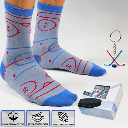 Get Trend Ice Hockey Mens Socks With Keychain Set Funny Hockey Accessories, Gifts for Him, Husband, Boyfriend (8/13 US, Grey Hockey)