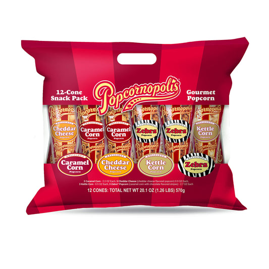 Popcornopolis Gourmet Popcorn Cone Variety Pack – Zebra Popcorn, Cheddar Cheese Popcorn, Caramel Popcorn & Kettle Corn Popcorn, Great for Gifting & Sharing, (12-Count)
