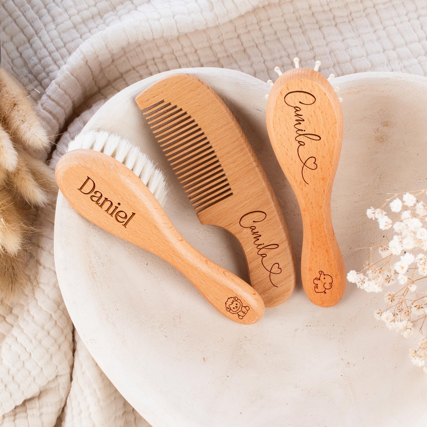 Custom Wooden Baby Brush set, Optional Icons and Fonts, Personalized Wooden Baby Brush and Comb Set, Personalized Baby Gifts, Baby Shower Gift Girls, Boy