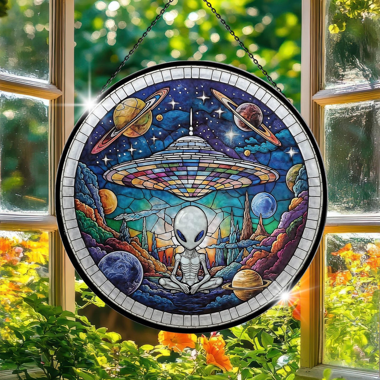 Alien Spaceship Stained Glass Window Hanging, 7.9" UFO Sun Catcher Glass Panel Boho Wall Art Decor, Hand Painted Round Ornament for Friends, Art Lover, Astronomer