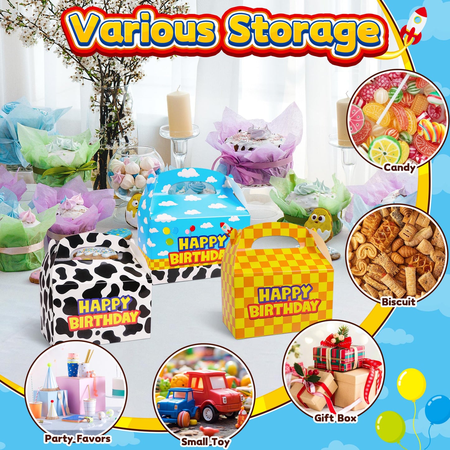 Bsenhe 16PCS Cartoon Gift Bag, Cartoon Birthday Decorations Goodie Bags Party Favor Boxes for Theme Birthday Party Supplies Sky White Cloud Cow Print Candy Bags