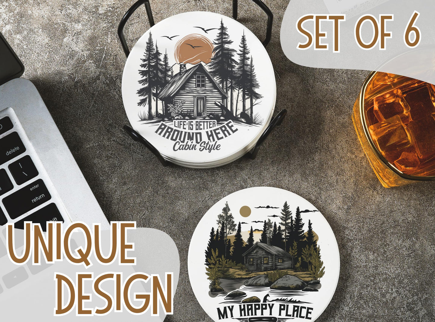 Onebttl Cabin Gifts - Cabin Theme Coaster Set of 6, Bar Coasters with Sayings