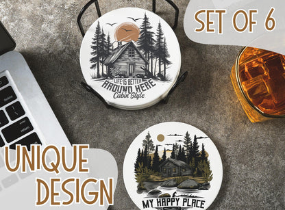 Onebttl Cabin Gifts - Cabin Theme Coaster Set of 6, Bar Coasters with Sayings