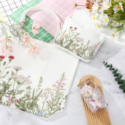 FoldTier 3 Pcs Plant Lover Gift for Women, Spring Aesthetic Gift for End of Year Teacher, Floral Canvas Tote Bag, 16 oz Coffee Cup with Straw Lid, Makeup Bag for Mother Birthday(White,Flower)