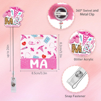Medical Assistant Badge Reel and Buddy, Pink Retractable ID Holder with Swivel Clip and MA Badge Buddy, Medical Assistant Gifts and Accessories for Work