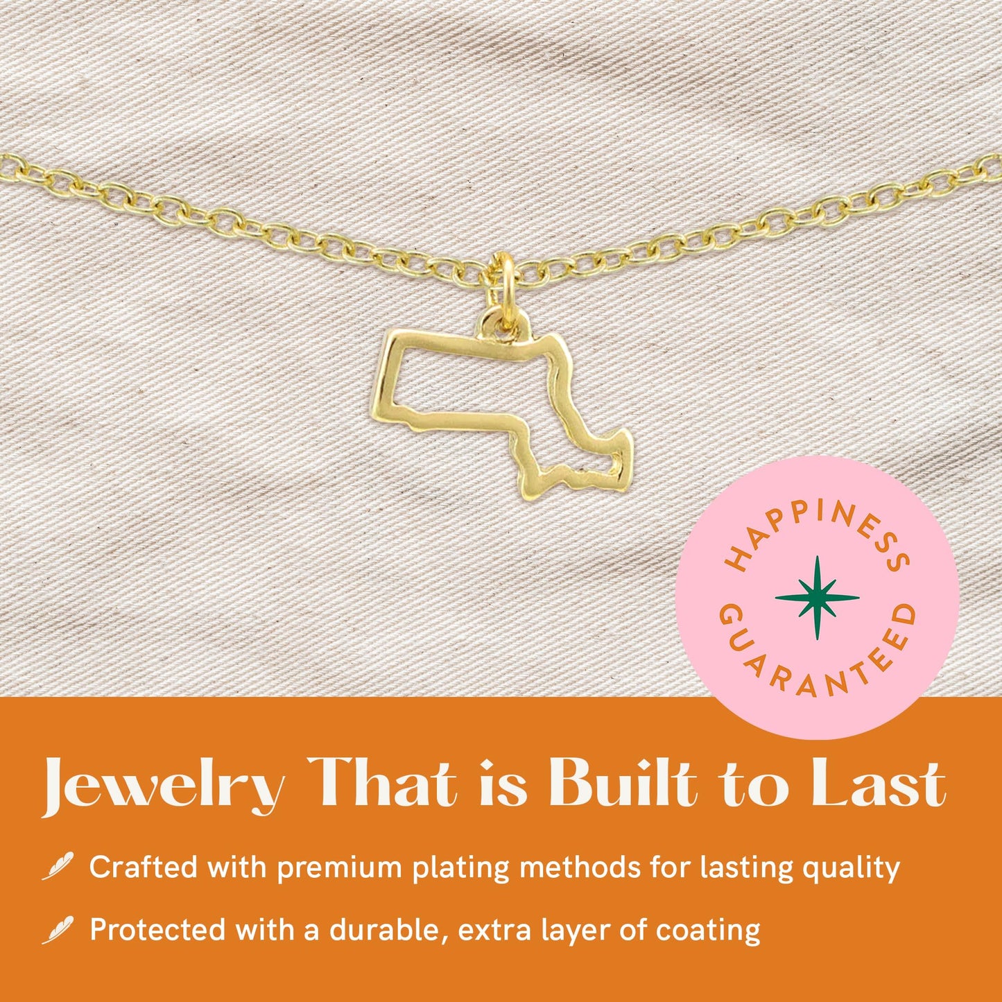 Lucky Feather State Shaped Necklace | 14k Gold-Dipped Pendant Necklace | Easter Basket Stuffer | State Love Fashion Jewelry For Women | Dainty Necklace For Women | Great Gift Idea