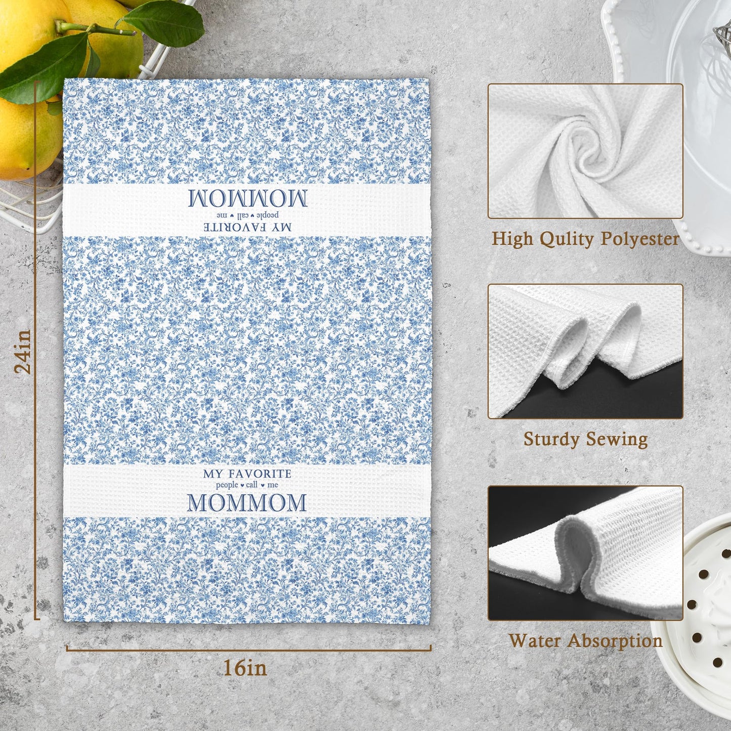 My Favorite People Call Me Mommom Gifts Kitchen Towels, Grandma Bathroom Hand Towels Gifts for Christmas Mother's Day, Blue And White Porcelain Chinoiserie Floral Tea Dish Towel Decor 16x24in