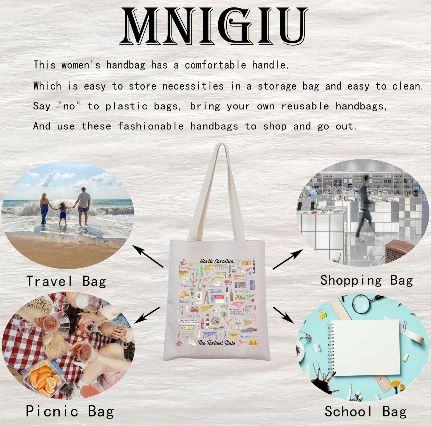 MINIGIU North Carolina Tote Bag - Perfect for Trips and Moving Gift