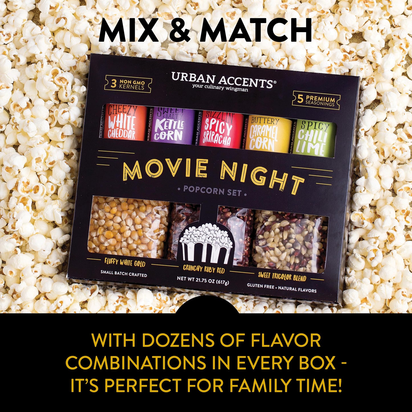Urban Accents Movie Night Small-Batch Popcorn Gift Set – Includes 3 Gourmet non-GMO Popcorn Kernel Varieties & 5 Flavorful Seasonings – Perfect Snack Gift Box for Parties, Holidays, or Movie Lovers
