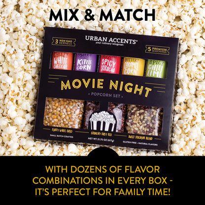 Urban Accents Movie Night Small-Batch Popcorn Gift Set – Includes 3 Gourmet non-GMO Popcorn Kernel Varieties & 5 Flavorful Seasonings – Perfect Snack Gift Box for Parties, Holidays, or Movie Lovers