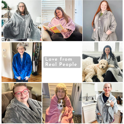 EzrAllora Premium Double Layer Poncho Blanket - No Sleeves Easy On Easy Off- Drape and Go- 2 pockets - Gifts for Grandma (Silver Grey)