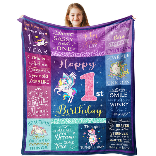 Solzien 1 Year Old Girl Birthday Gift Blanket 50"x40", Gifts for One Year Old Girl, First/1st Birthday Gift Ideas