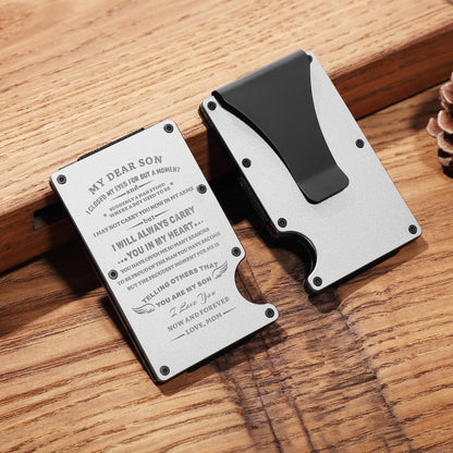 To My Son Gift | Men Personalized Engraved Minimalist Metal Wallet from Mom Mother | Custom Love Message Slim Aluminum Card Holder with Money Clip | Graduation Birthday Wedding Christmas Deployment