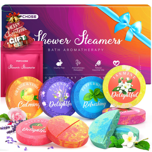POPCHOSE Shower Steamers Aromatherapy, Valentines Day Gifts for Him, Her, Mom, Daughter, Wife, Birthday Gifts for Women - 8 Scented Shower Tablets with Gift Packaging, Self Care & Relaxation Home Spa