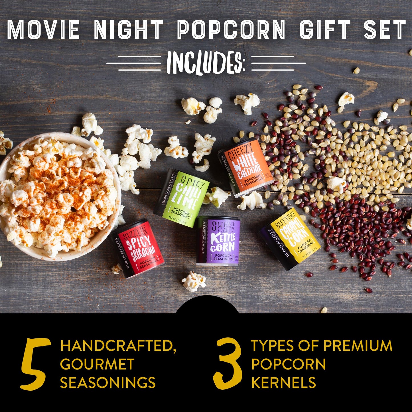 Urban Accents Movie Night Small-Batch Popcorn Gift Set – Includes 3 Gourmet non-GMO Popcorn Kernel Varieties & 5 Flavorful Seasonings – Perfect Snack Gift Box for Parties, Holidays, or Movie Lovers