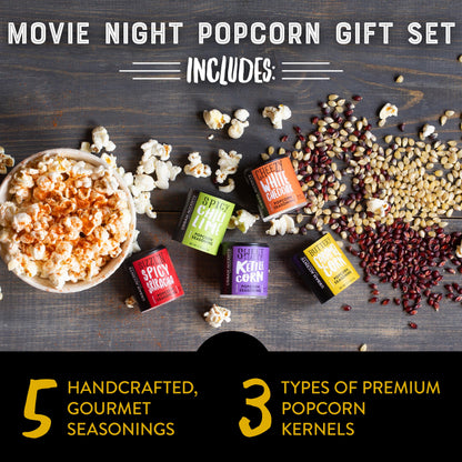 Urban Accents Movie Night Small-Batch Popcorn Gift Set – Includes 3 Gourmet non-GMO Popcorn Kernel Varieties & 5 Flavorful Seasonings – Perfect Snack Gift Box for Parties, Holidays, or Movie Lovers