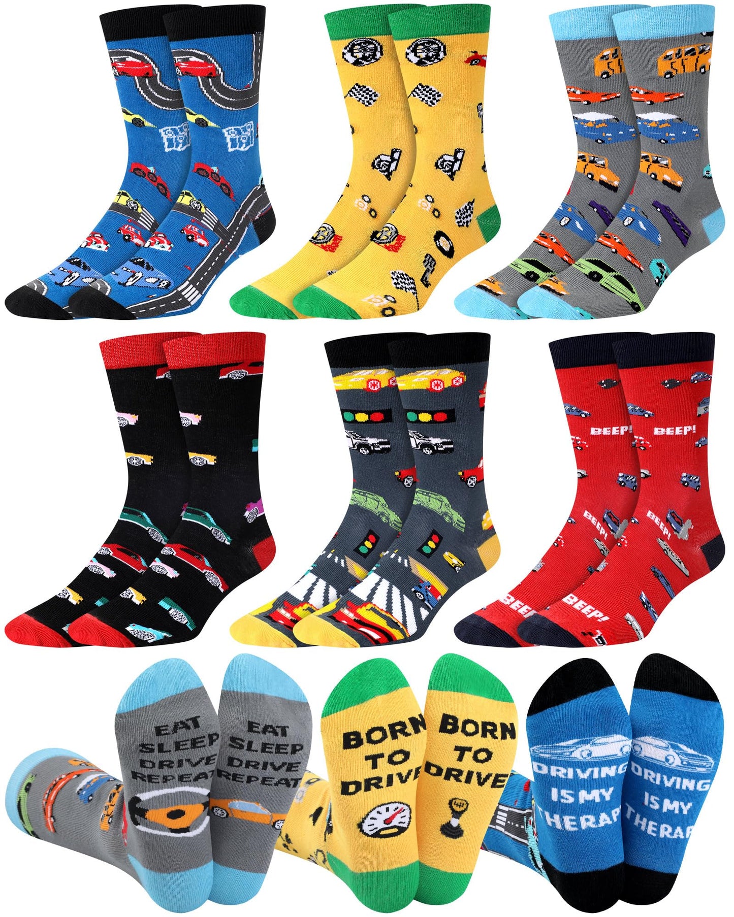 6 Pairs Funny Car Socks for Men Novelty Automotive Cotton Crew Socks for Car Lover Birthday Father's Day Gift