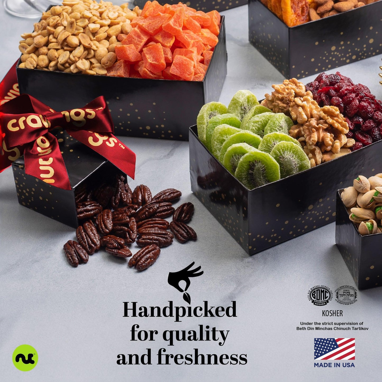 NUT CRAVINGS - Fathers Day Treats, Gift For Dad, Dried Fruit & Mixed Nuts Gift Basket, Black Tower + Heart Ribbon (12 Assortments) Food Arrangement, Healthy Snack Care Package, Kosher