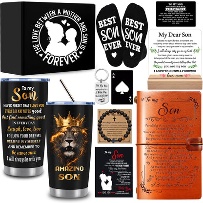 10 PCS Son Gifts from Mom with 20 Oz Tumbler, Leather Journal, Acrylic Desk Plaque Sign, Socks, Bracelet, Birthday Graduation Father's Day Christmas Valentines Day Gifts for Teens Adult Grown Son