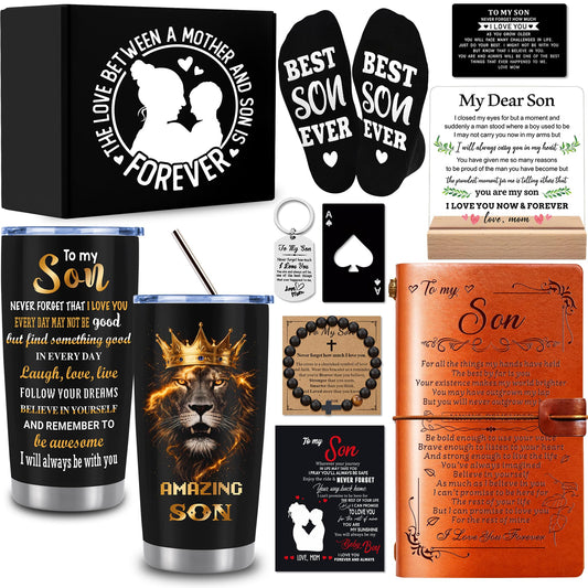 10 PCS Son Gifts from Mom with 20 Oz Tumbler, Leather Journal, Acrylic Desk Plaque Sign, Socks, Bracelet, Birthday Graduation Father's Day Christmas Valentines Day Gifts for Teens Adult Grown Son