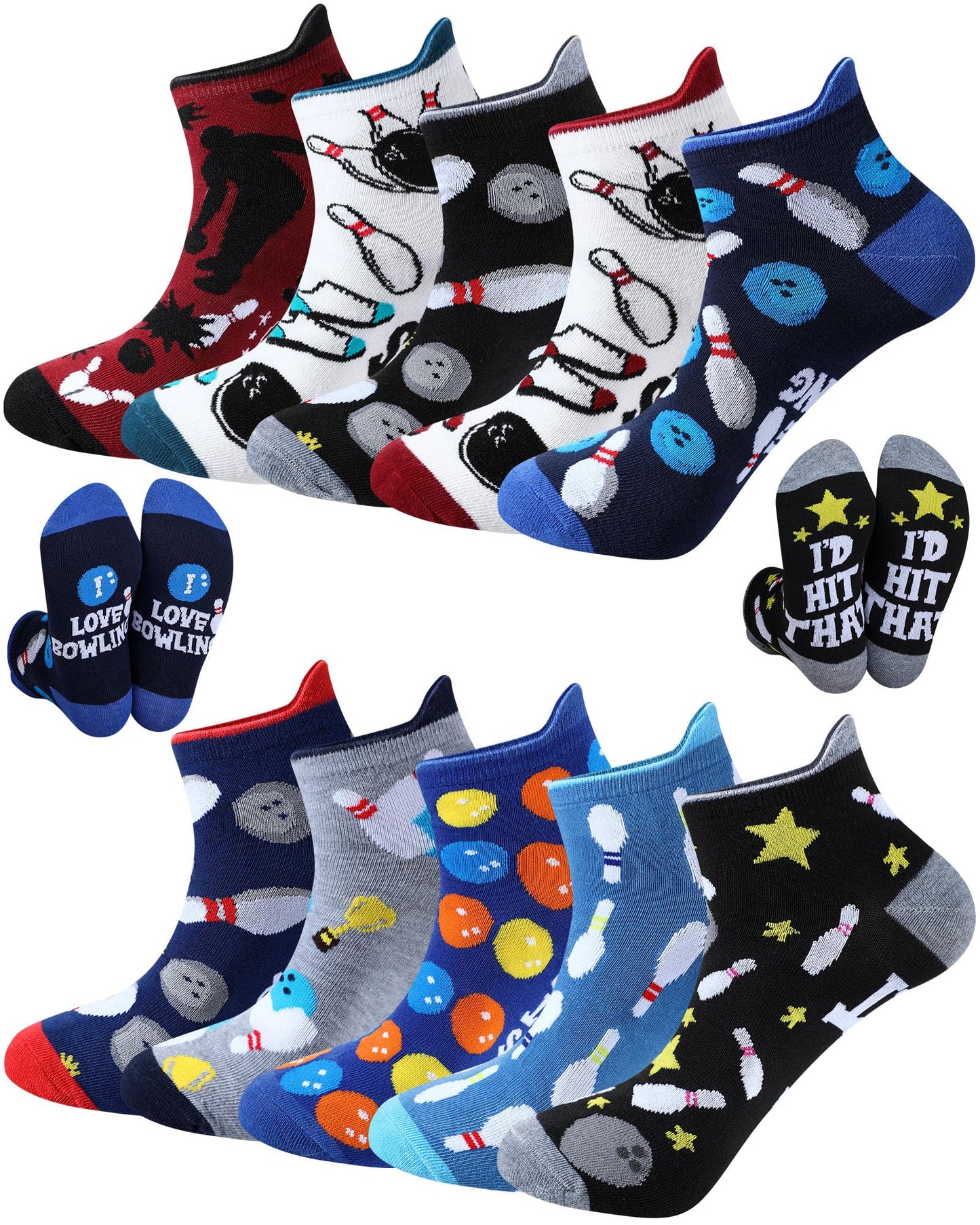 Haysandy 10 Pairs Funny Bowling Socks Novelty Bowling Theme Ankle Socks Bulk Fun Low Cut Sport Gift for Bowler Lover Coworker
