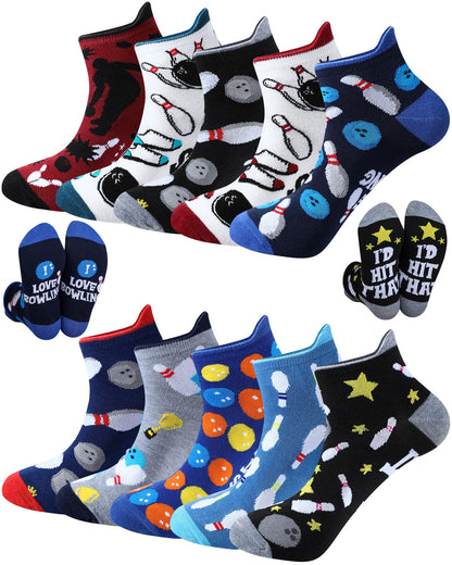 Haysandy 10 Pairs Funny Bowling Socks Novelty Bowling Theme Ankle Socks Bulk Fun Low Cut Sport Gift for Bowler Lover Coworker