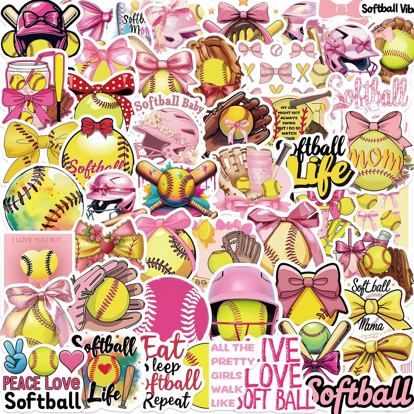 50PCS Pink Coquettte Bows Softball Stickers, Cute Motivational Vinyl Waterproof Stickers for Water Bottles,Helmets, Luggage, Teaching Incentives, Softball Gifts for Girls Kids, Teens and Adults