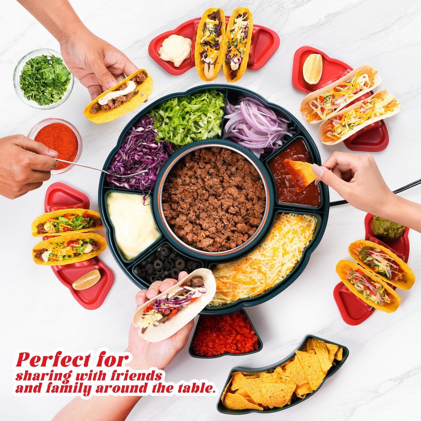 Taco Tuesday Kit - Taco Bar Serving Set for a Party with 33oz Heated Pot, 4 Taco Holders, Detachable Lazy Susan Tray, Perfect for Parties, Nachos Taco Night Fiesta Unique Couple & Housewarming Gift