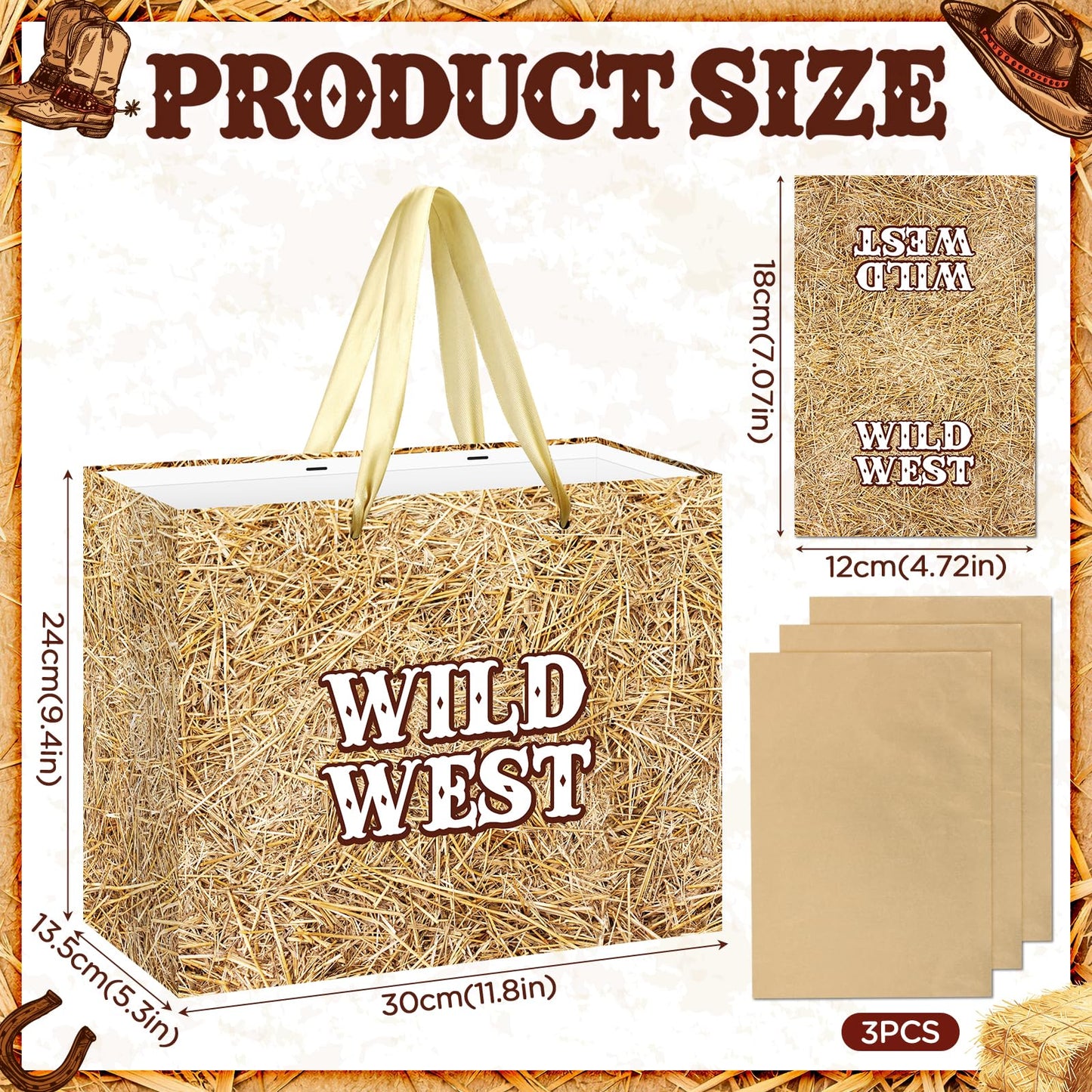 Fake Hay Bales Wild West Gift Bag with Card & Tan Wrapping Papers,Straw Yeehaw Happy Trails Western Gift Bag for Rodeo,Cowgirl Cowboy Birthday,Western-themed Wedding,Country Farm Party Goodie TreatBag